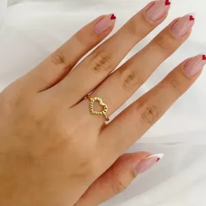 ANEL CORAÇÃO DIAMANTADO VAZADO. BANHADO A OURO 18K.