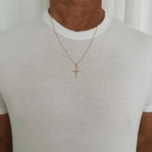 COLAR ELOS COM CRUZ PONTA PONTILHADA. 60CM DE COMPRIMENTO. BANHADO A OURO 18K.