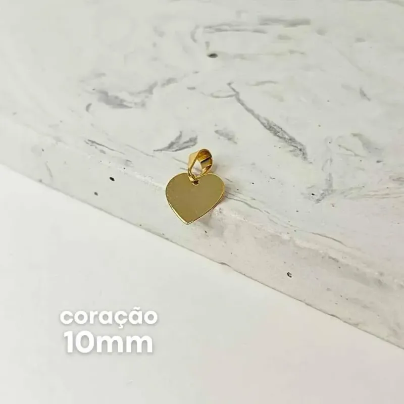 PINGENTE PERSONALIZADO MEDALHA CORAÇÃO 10MM DOURADO. BANHADO A OURO 18K.