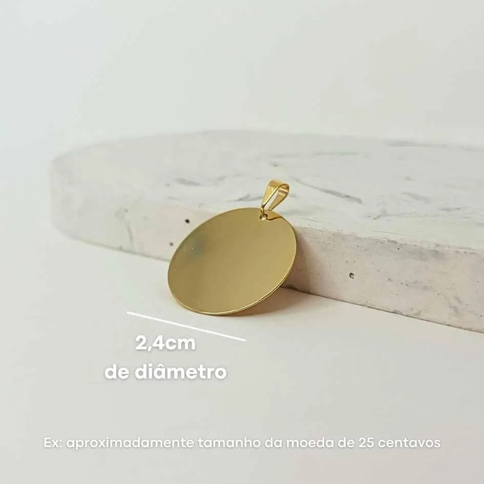 PINGENTE PERSONALIZADO MEDALHA 24MM DOURADO. BANHADO A OURO 18K.