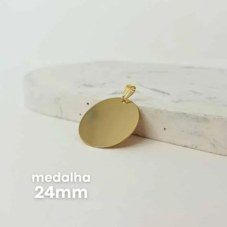 PINGENTE PERSONALIZADO MEDALHA 24MM DOURADO. BANHADO A OURO 18K.