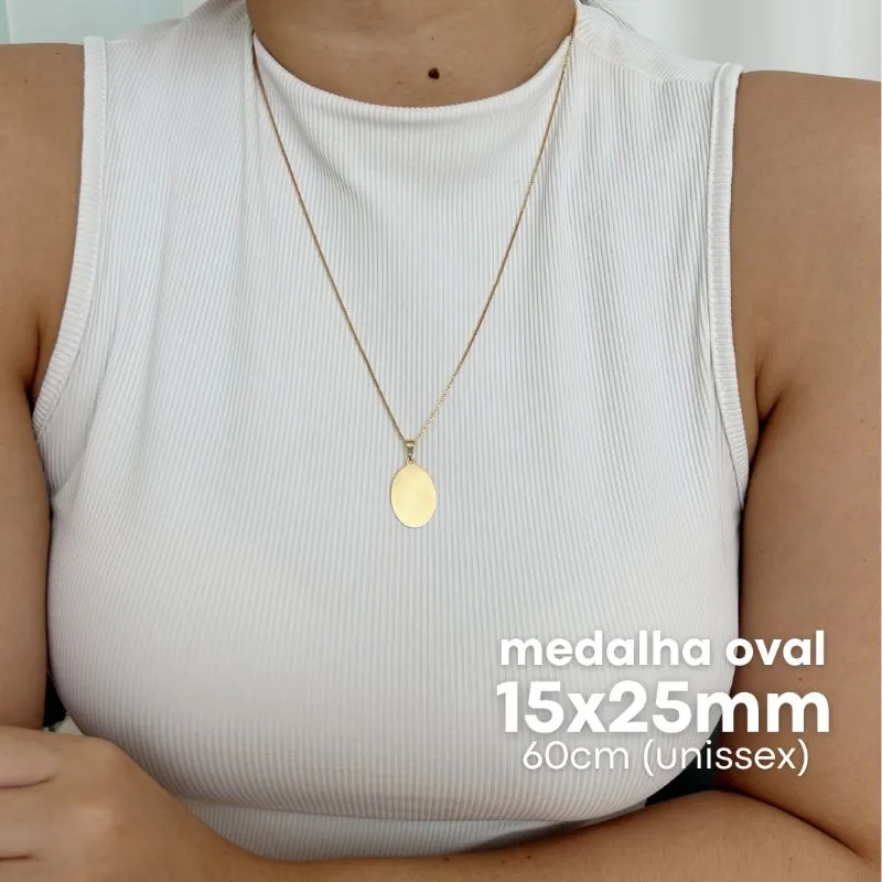 COLAR PERSONALIZADO MEDALHA OVAL 15X25MM DOURADO. 60CM DE COMPRIMENTO. BANHADO A OURO 18K.