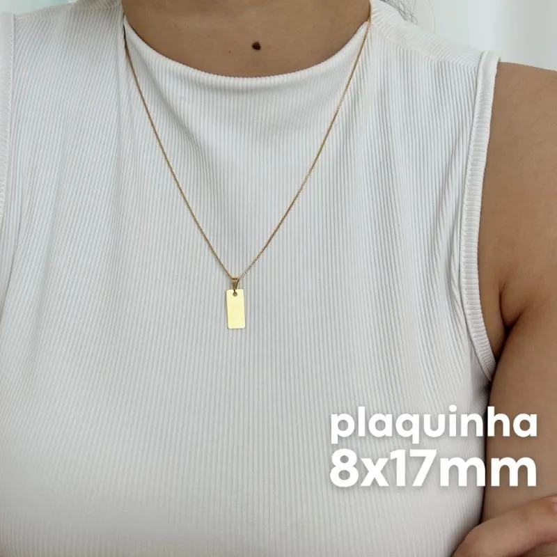 COLAR PERSONALIZADO PLAQUINHA RETANGULAR 8MMX17MM DOURADO. 45CM DE COMPRIMENTO E 5CM DE REGULAGEM. BANHADO A OURO 18K