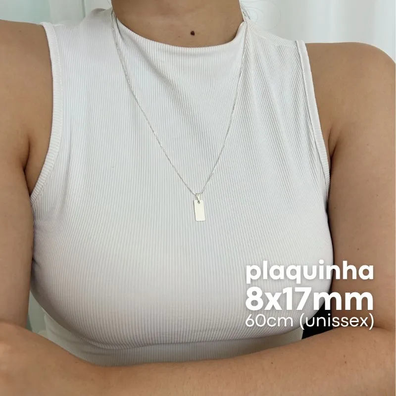 COLAR PERSONALIZADO PLAQUINHA RETANGULAR 8MMX17MM PRATEADO. 60CM DE COMPRIMENTO. BANHADO A PRATA.