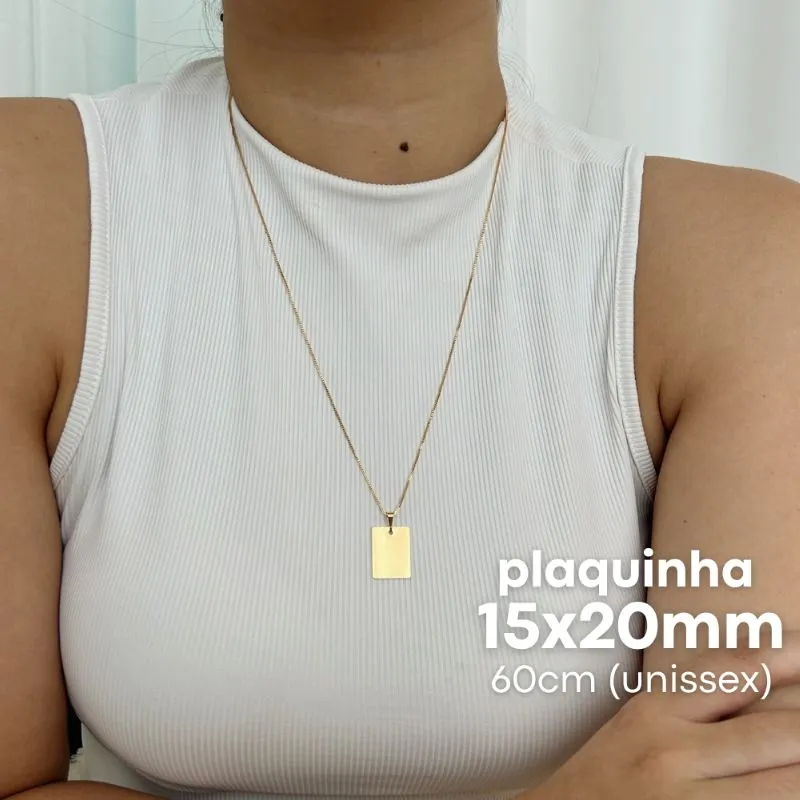 COLAR PERSONALIZADO PLAQUINHA 15X20MM DOURADO. 60CM DE COMPRIMENTO. BANHADOS A OURO 18K.